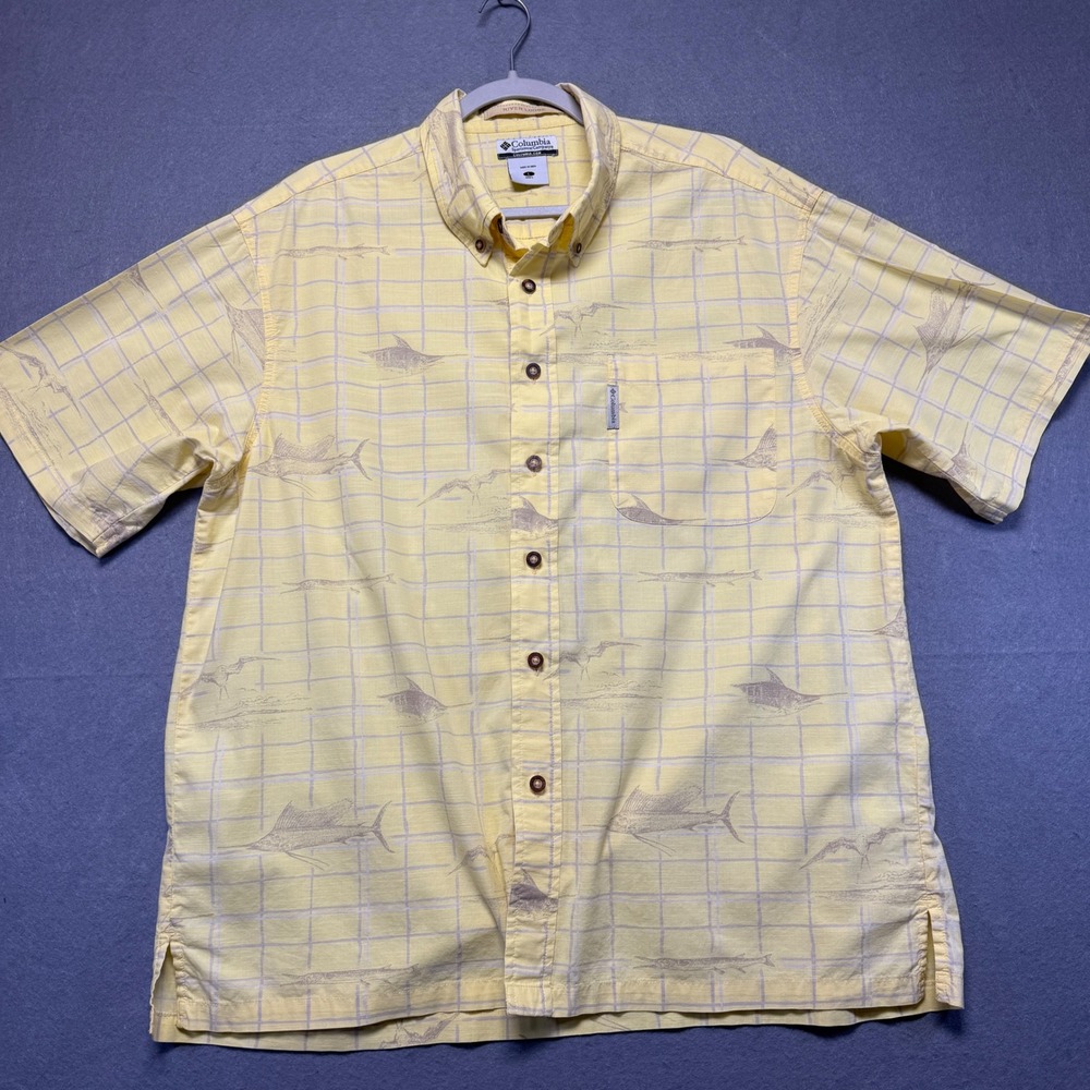 Columbia River Lodge Mens Large Yellow Marlin Fish Print Cotton Shirt FM7011